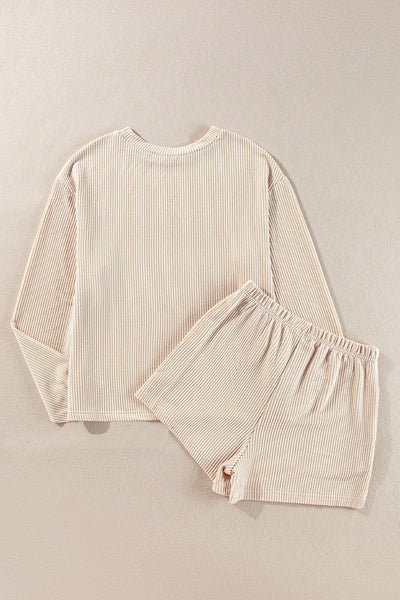 Chic Women's Parchment Corded Knit Long Sleeve Top & High-Waisted Shorts Set - Cozy Loungewear for Effortless Style