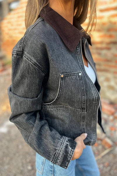 Chic Women's Black Corduroy Denim Jacket with Zipper, Stylish Collar for Effortless Casual Looks