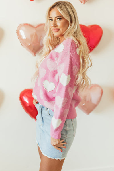 Cozy Women's Pink Heart Print Sweater with Pearl Accents - Stylish Valentine's Day Crew Neck for Effortless Charm