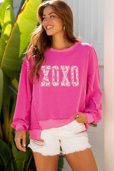 Women's Strawberry Pink XOXO Bow Graphic Ribbed Long Sleeve Tee