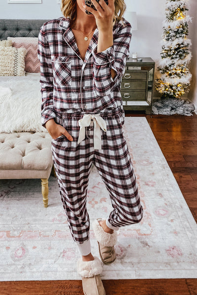 Women's Black Plaid Long Sleeve Christmas Shirt & Drawstring Pants Set - Stylish Holiday Outfit for Festive Occasions