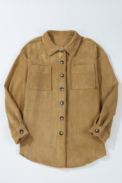 Stylish Women's Light Beige Corduroy Shacket with Patched Pockets - Chic Button-Up Jacket for Effortless Casual Outfits
