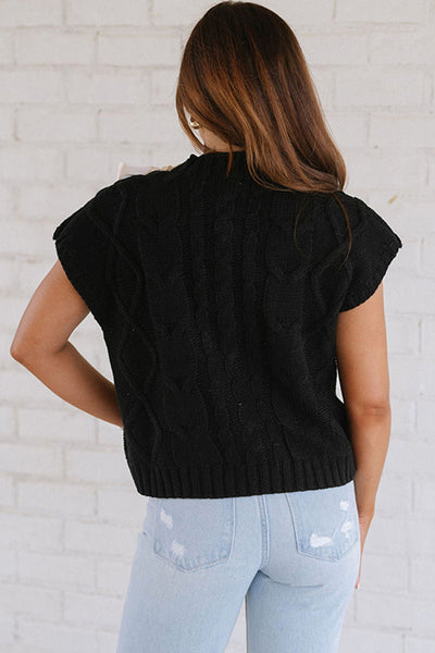 Chic Women's Black Cable Knit Colorblock Sweater with Satin Bow - Short Sleeve Casual Top for Stylish Everyday Looks