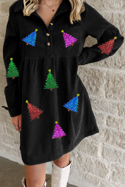 Women's Sequin Christmas Tree Corduroy Babydoll Mini Dress