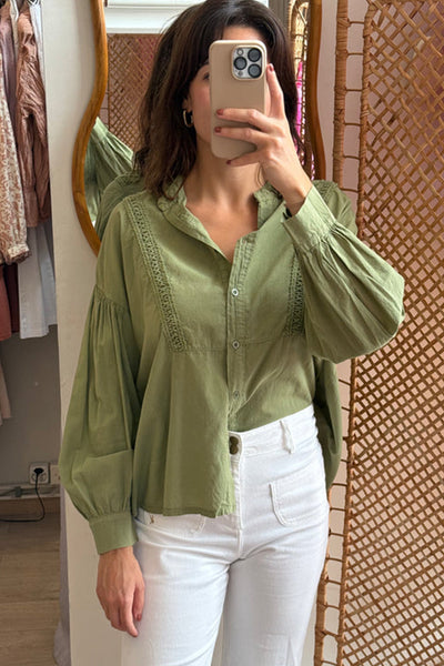 Women's Grass Green Puff Sleeve Lace Blouse - Trendy Drop Shoulder Shirt for Effortless Chic Style and Comfort