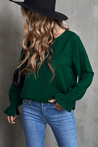 Women's Hunter Green Smocked Cuff Blouse with Bubble Sleeves