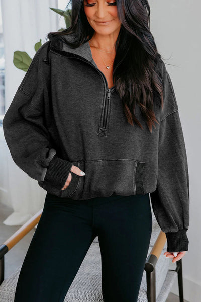 Cozy Women's Black Mineral Wash Half Zip Hoodie with Kangaroo Pocket - Relaxed Fit for Effortless Casual Style