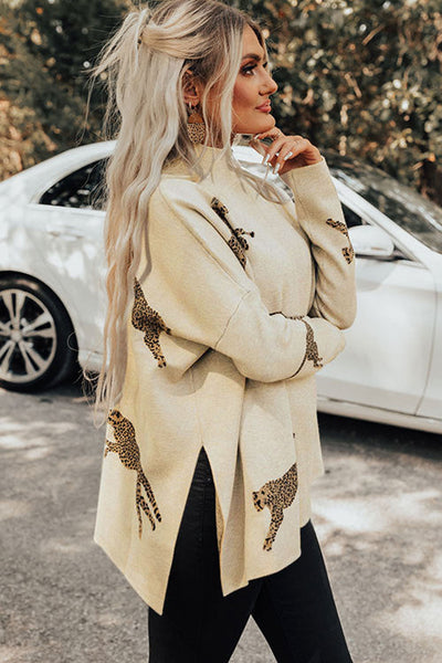 Trendy Women's Parchment Cheetah Print High Neck Sweater with Split Hem - Stylish Casual Knit for Everyday Wear