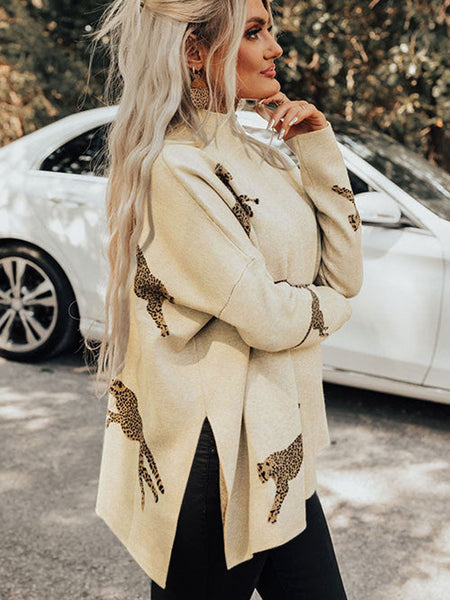 Vibrant Cheetah Print High Neck Split Hem Sweater