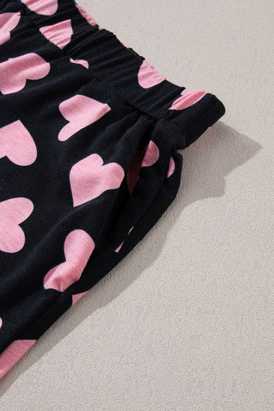 Women's Black Heart Print Long Sleeve Lounge Set with Shorts Adorable Cozy Valentine's Day Outfit for Women