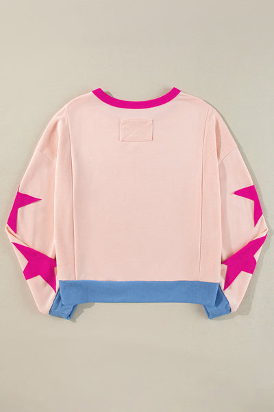 Trendy Light Pink Oversized Sweatshirt for Women with Star Patchwork & Exposed Seams Cozy Everyday Essential