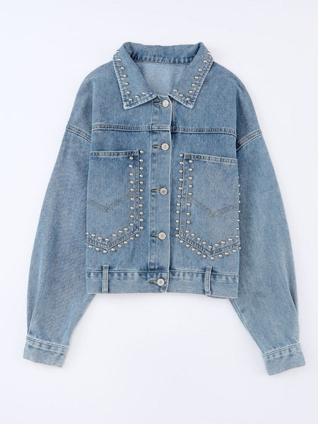 Women's Sky Blue Rhinestone Embellished Denim Shacket