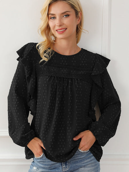 Elegant Black Lace Eyelet Ruffle Sleeve Blouse for Fall