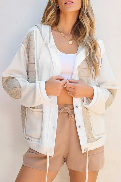 Women's Beige Quilted Hooded Jacket with Textured Patchwork Stylish Loose Fit for Cozy Comfort