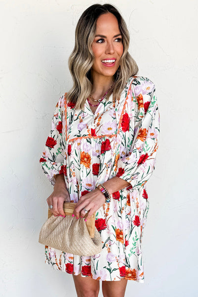 Women's Floral Ricrac Trim Mini Dress with Puff Sleeves