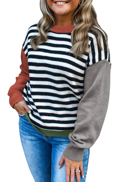 Trendy Women's Gray Colorblock Sweater with Striped Sleeves for a Stylish and Modern Look