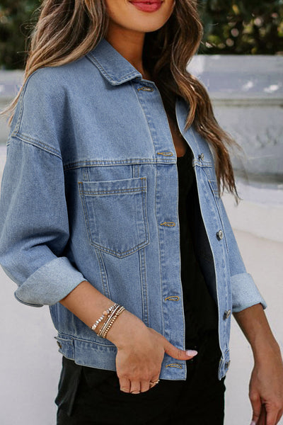 Chic Washed Blue Oversized Denim Jacket for Women with Pockets - Effortless Casual Outerwear for Stylish Looks