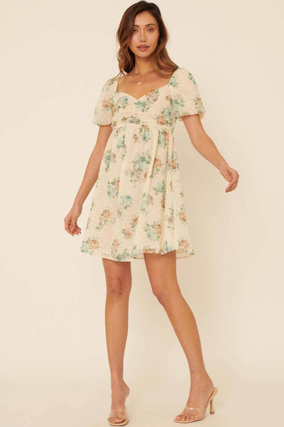 Floral Swiss Dot Sweetheart Smock Back Mini Dress