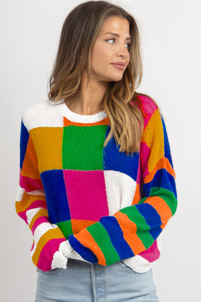 Cozy Women's Orange Checkered Color Block Sweater - Loose Fit Round Neck Knit Top for Effortless Casual Chic