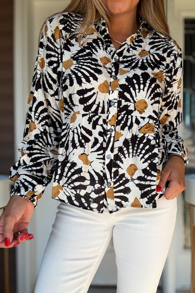 Women's Black Abstract Floral Long Sleeve Ruffle Hem Top - Trendy Casual Shirt for Everyday Style and Comfort