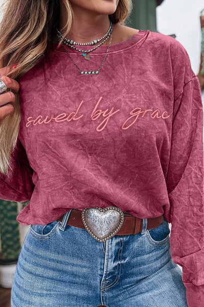 Casual Chic Mineral Red Loose-Fit Women's Sweatshirt with Letter Embroidery and Unique Mineral Wash Finish
