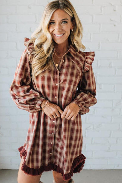 Stylish Women's Red Plaid Ruffled Mini Dress with Long Sleeves and Trendy Patchwork Hem for Casual Summer Outings