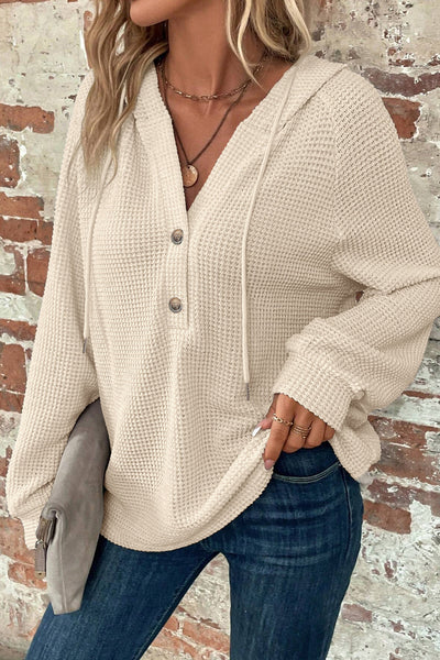 Women's Cozy Apricot Waffle Knit Hoodie with Button V-Neck and Drawstring - Loose-Fit Thermal Top for Ultimate Comfort