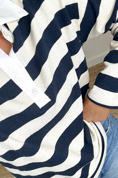 Stylish Women's Blue Stripe Long Sleeve Top with Collar and Patchwork Detail - Versatile Casual Elegance