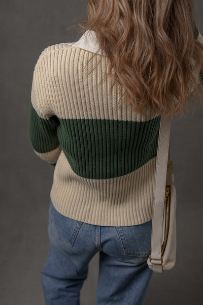 Women's Blackish Green Color Block Ribbed Knit Sweater with Shirt Collar - Slim Fit Stylish Top