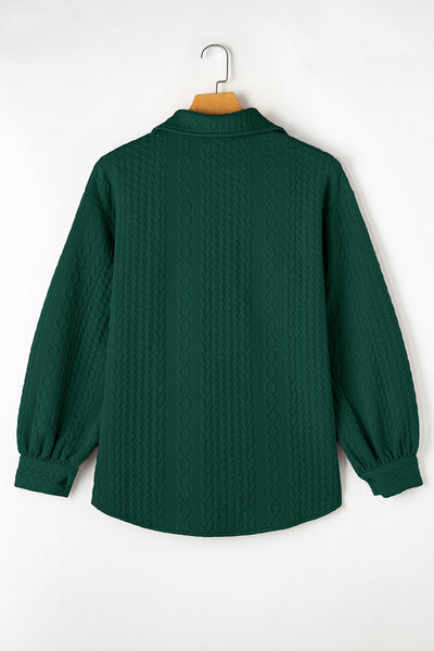 Women's Blackish Green Cable Knit Puff Sleeve Shacket