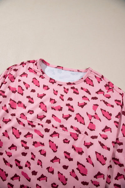 Women's Casual Loose Fit Pink Animal Print Long Sleeve Top with Stylish Stitching for Everyday Elegance
