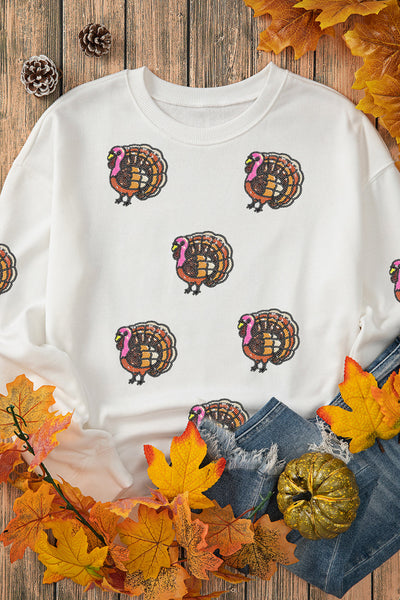 Women's Embellished Sequin Turkey Sweatshirt in White Cotton-Poly