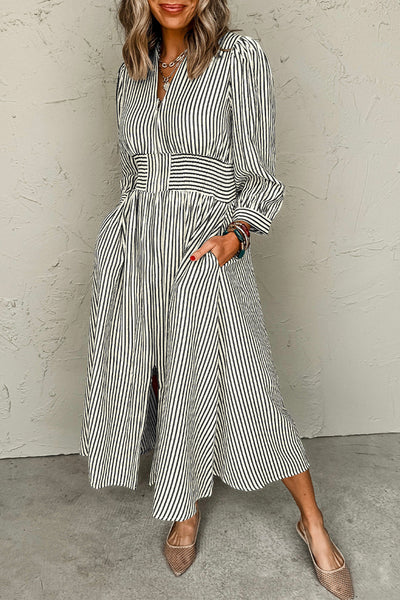 Chic Black Stripe V-Neck Midi Dress with Zip Front, Cinched High Waist for Effortless Women‚Äôs Style