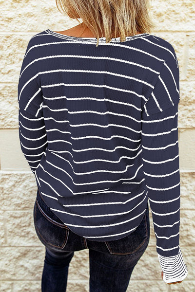 Women's Casual Chic Navy Blue Striped Color Block Waffle Knit Button-Up Top for Effortless Everyday Style