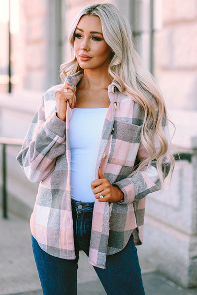 Women's Versatile Pink and Gray Plaid Color Block Long Sleeve Jacket with Pockets - Stylish Outerwear for Every Occasion