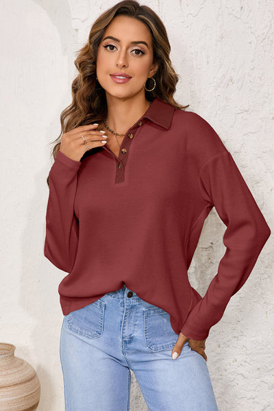 Soft Beige Women's Relaxed Fit Thermal Knit Top - Long Sleeve for Ultimate Comfort and Effortless Style