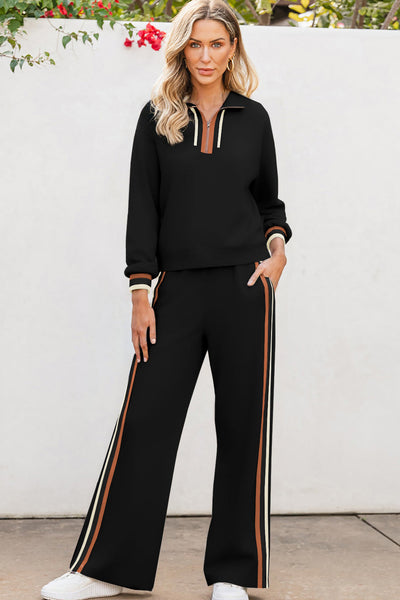 Stylish Women's Black Striped Quarter Zip Pullover & Relaxed Fit Pants Set for Effortless Everyday Chic