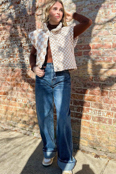 Women's Khaki Checkered Quilted Vest with Mock Neck