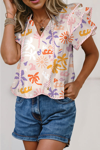 Women's Pink Striped Ruffle Tiered Blouse with Tie V-Neck - Stylish Summer Top for Casual Outings and Vacations