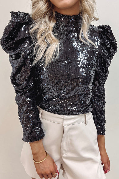 Elegant Black Sequin Bubble Sleeve Top for Women's Night Out - Chic Mock Neck Design, Perfect for Parties and Events