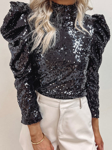 Sequin Embellished Black Mock Neck Top with Statement Bubble Sleeves
