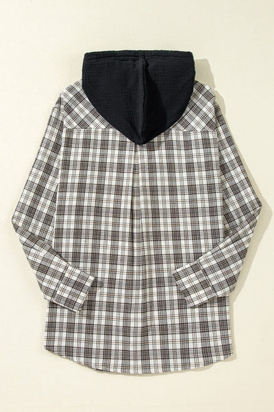 Trendy Women's Black Checkered Hooded Shacket - Loose Fit Button-Up Layer for Casual Chic Style