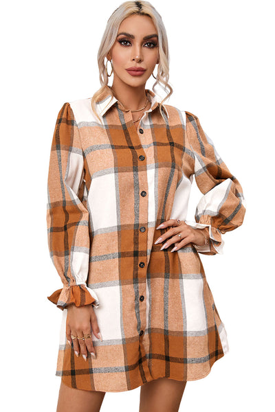 Women's Khaki Plaid Flounce Sleeve Shirt Dress in Cotton Blend