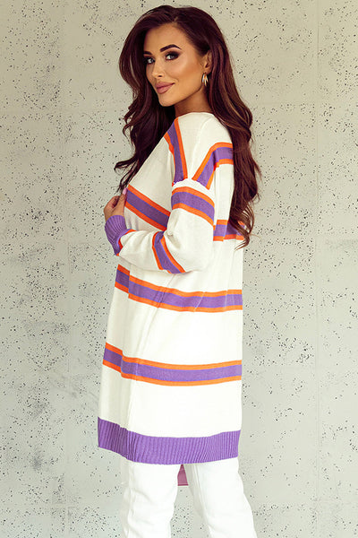 Stylish Women's Beige Striped Long Sleeve Cardigan with Ribbed Trim and Button Details for Effortless Everyday Elegance