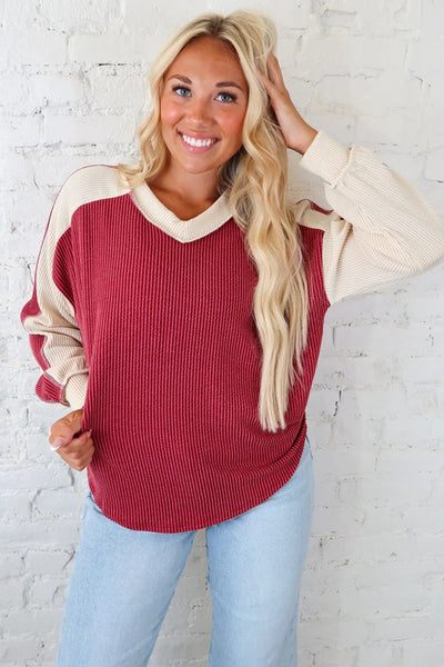 Trendy Women's Long Sleeve Twisted Ribbed Color Block Top in Racing Red - Comfortable Fit for Chic Outfits