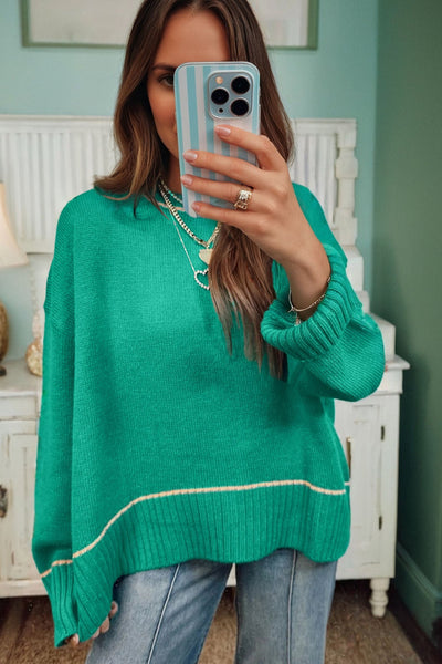 Women's Sea Green Viscose Blend Relaxed Knit Sweater with Trim