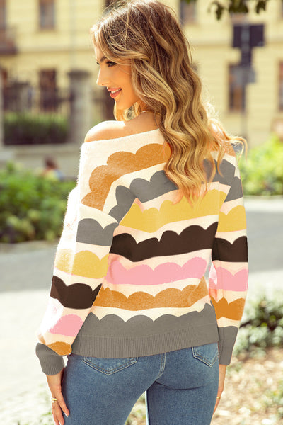 Trendy Women's Yellow Striped Balloon Sleeve Sweater - Cozy Drop Shoulder Design for Stylish Fall Fashion