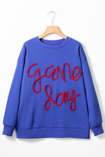 Women's Trendy Dark Blue Graphic Sweatshirt with Tinsel Detail, Relaxed Fit for Game Day Style and Ultimate Comfort