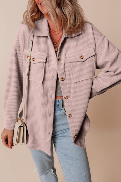 Trendy Women's Light Pink Corduroy Shacket with Flap Pockets and Button Closure - Stylish Layering Essential