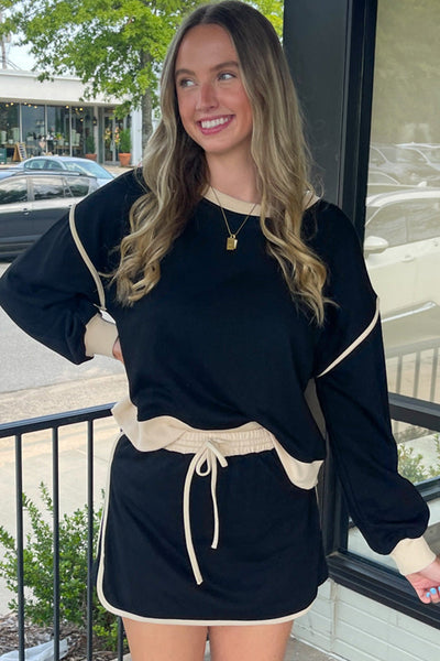 Stylish Women's Black Contrast Pullover & Lace-Up Waist Skort Set for Effortless Casual Elegance and Comfortable Fit